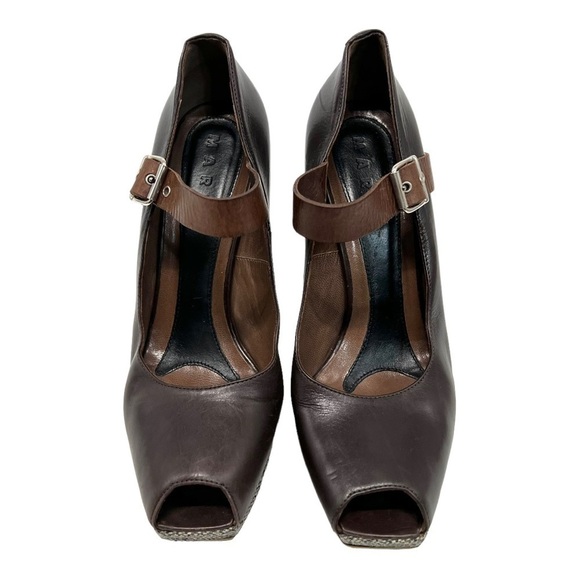 Marni Brown Leather Colorblock Tweed Peep Toe Maryjane Platform Heels Women’s 8 - Picture 3 of 12